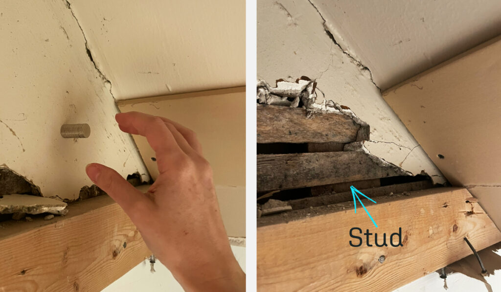 Two side by side images showing how to find a stud with a magnet in lath and plaster.