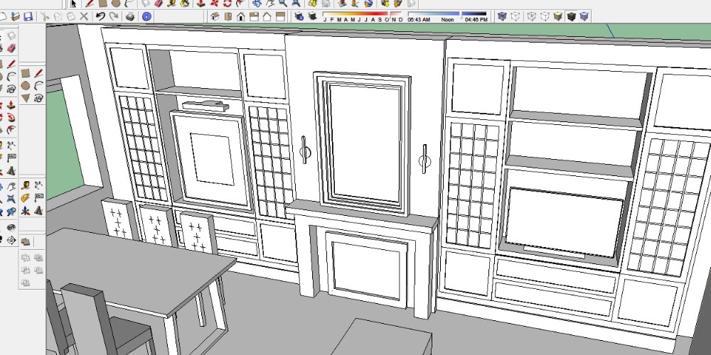 A 3D sketchup model of the wall units for dining room / living room