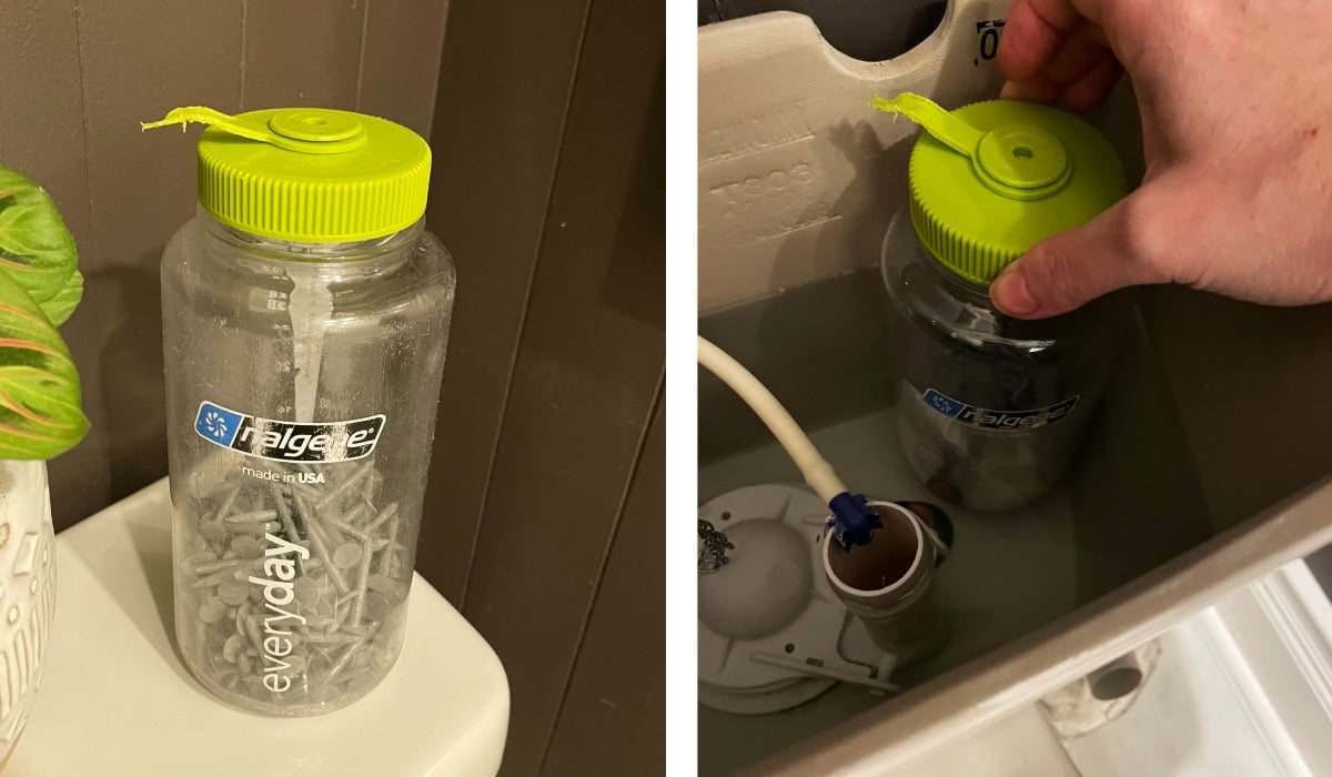 Adding a weighted water bottle to the tank of your toilet displaces water, causing it to fill less with every flush, saving water.